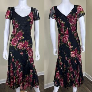 Vintage Talbots Women's Size M Silk Floral Jacquard Midi Dress Romantic Cottage
